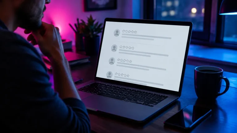 Business owner looking at a reviews panel on a laptop