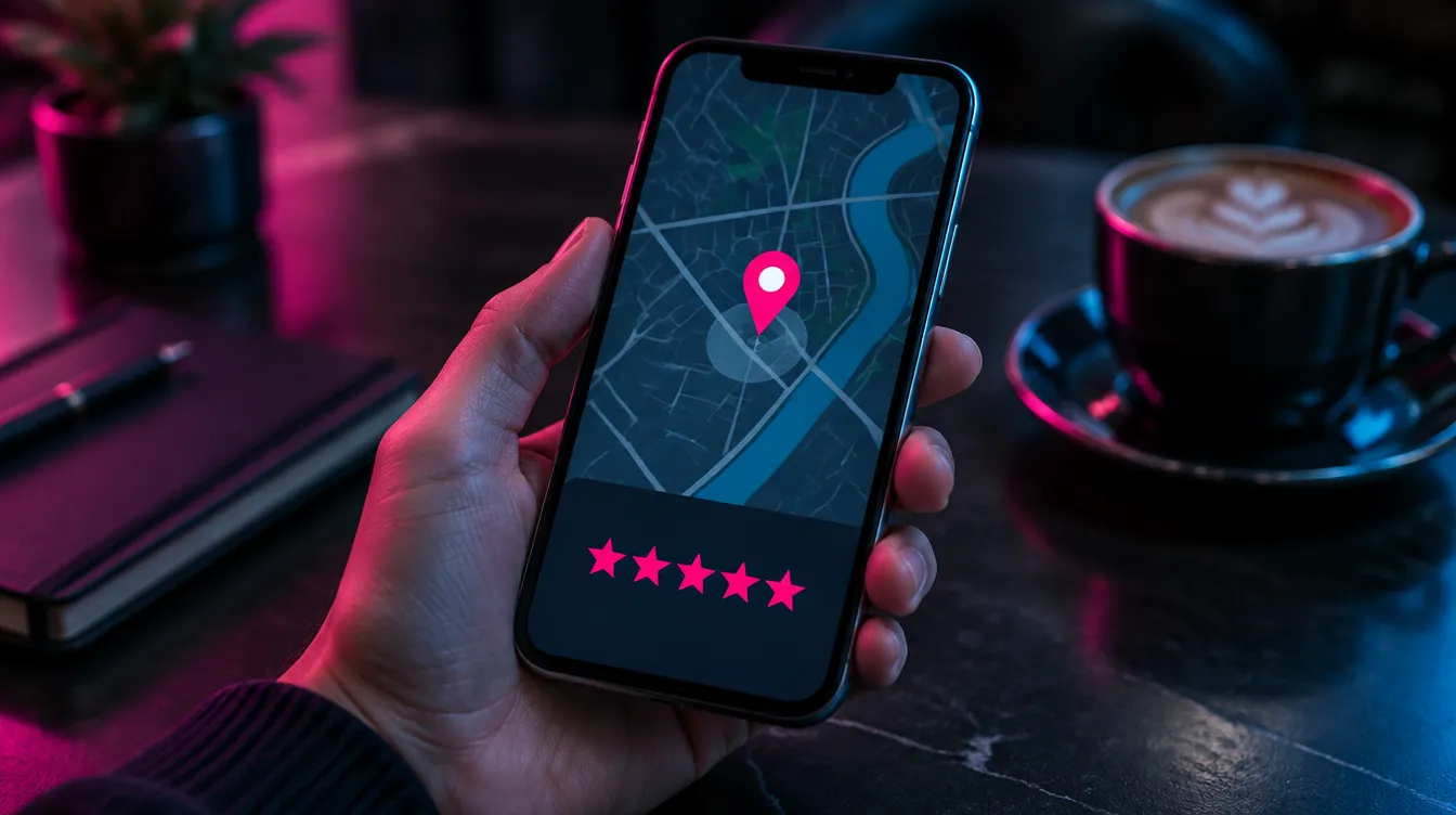 Smartphone showing a map pin with five stars on a cafe table