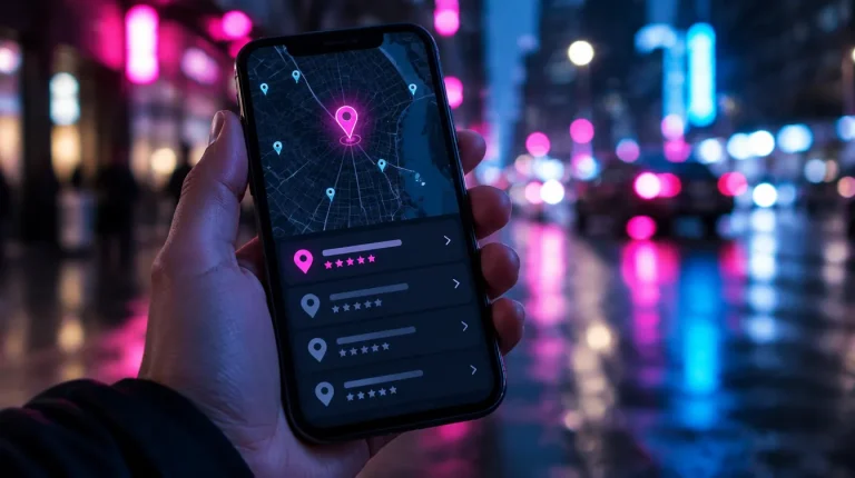 Smartphone showing local map results with a highlighted top listing and star ratings