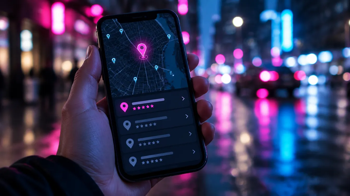 Smartphone showing local map results with a highlighted top listing and star ratings