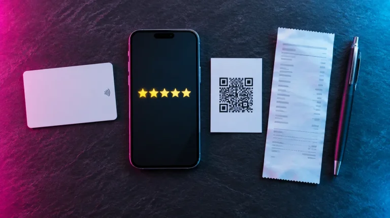 NFC review card, phone showing five stars, QR code card and receipt on a dark surface