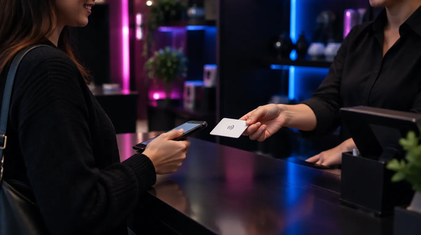 Shop assistant handing an NFC review card to a customer at the till