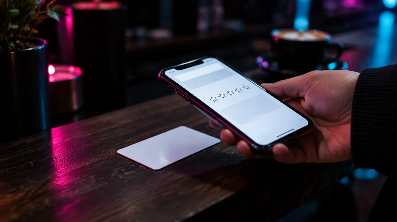 Customer tapping a smartphone on an NFC review card to open a review page