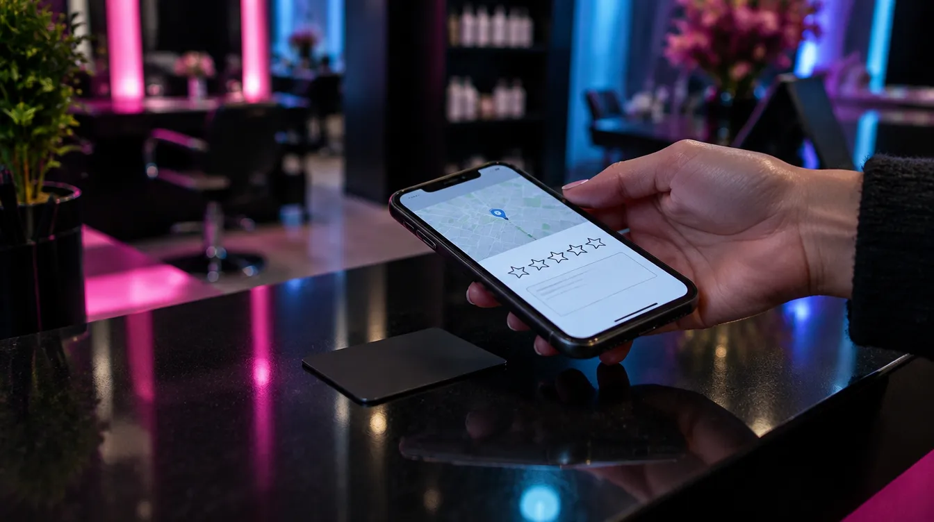Customer tapping a smartphone on an NFC Google review card at a salon reception desk