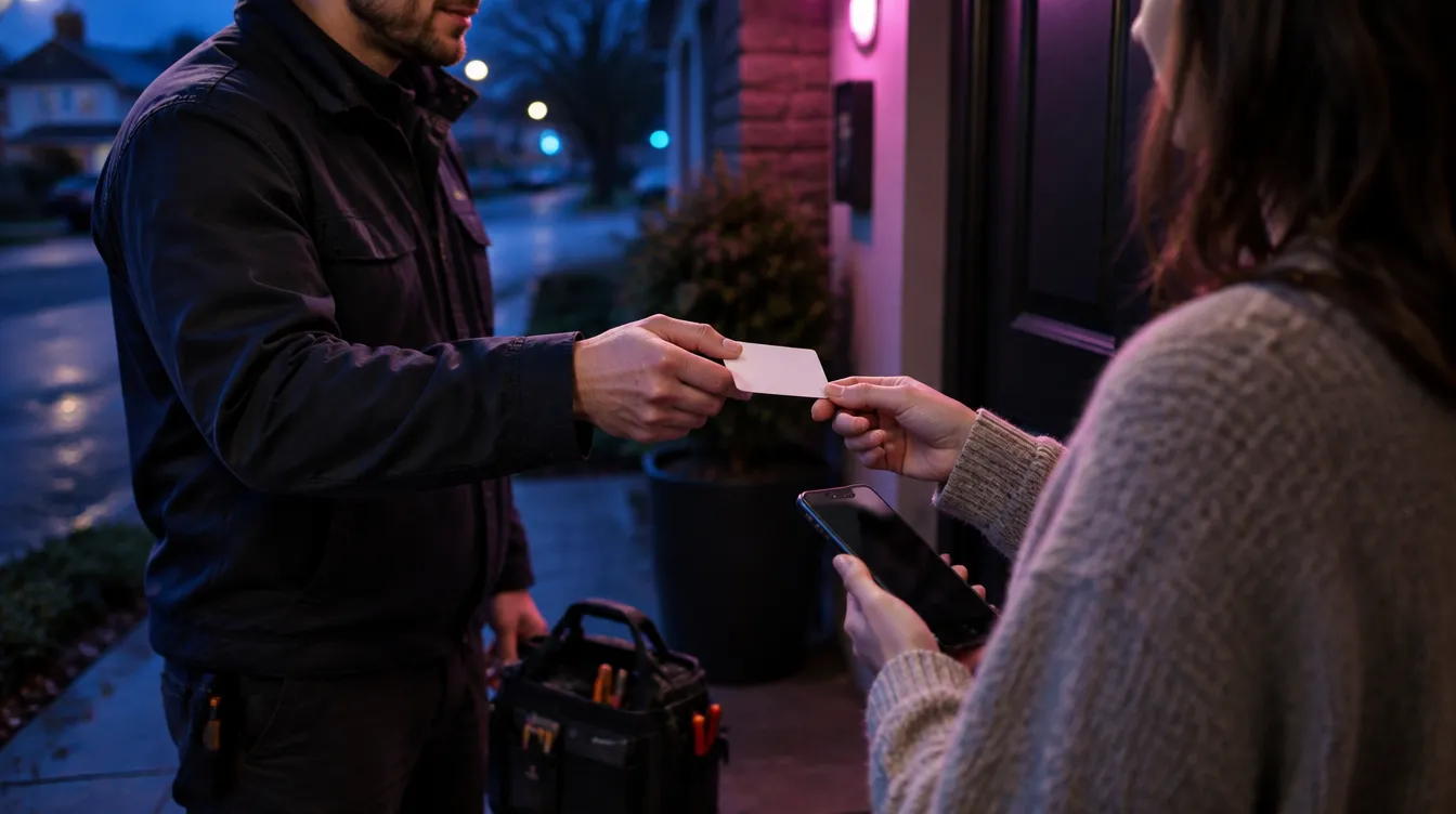 Tradesperson handing an NFC Google review card to a homeowner at the front door